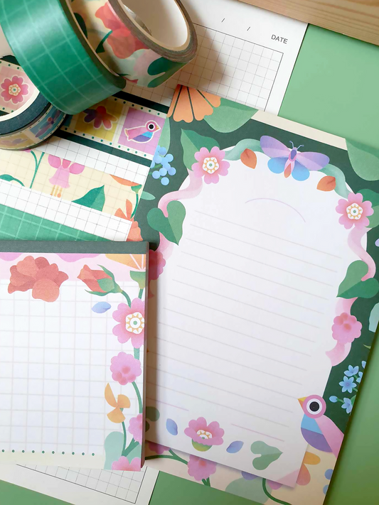 Coy Apricot spring themed memo set featuring washi tape, sticky notes and notepad. front view.